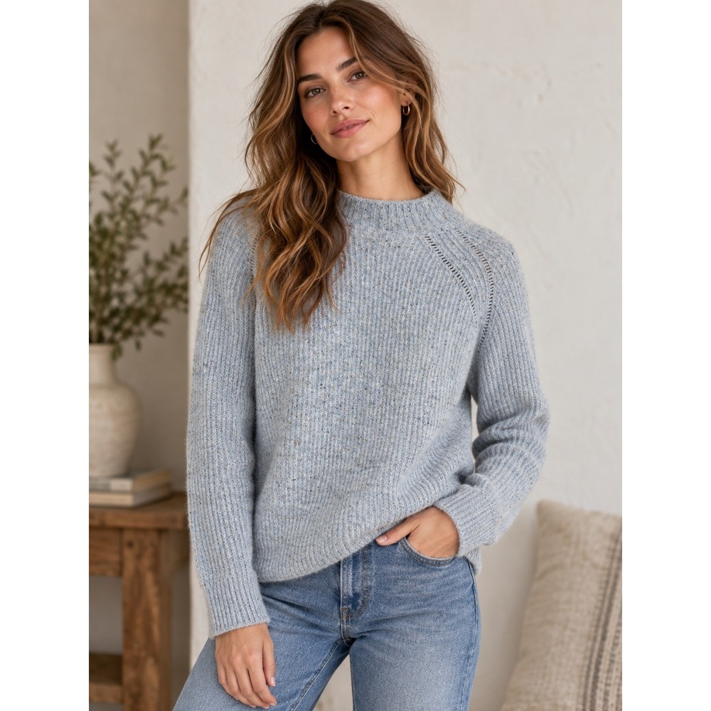 J.Crew Pointelle Rollneck Roll Neck Raglan Wool Blend Ribbed Cozy Sweater